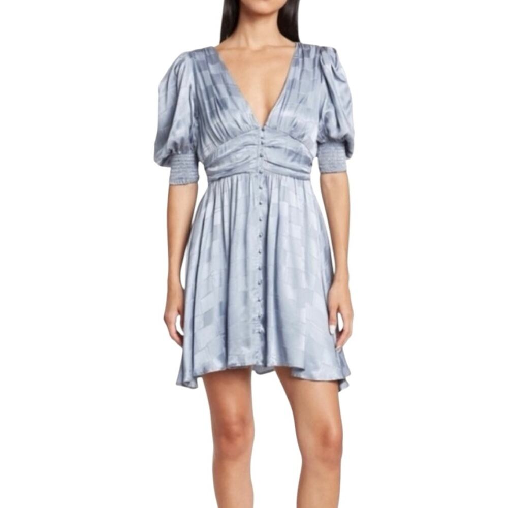 Maisie Womens Blue Silver Silk Metallic Print V Neckline Medium Mini Dress